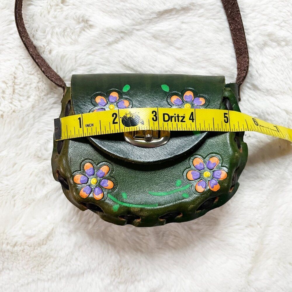 Made in Mexico Green Leather Floral Colorful Tooled Mini Crossbody Bag - Picture 13 of 15